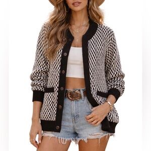 Vintage H.E.R. Black White Houndstooth Button Up Knit Cardigan Sweater Large